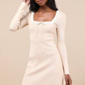 Definitely Sweet Beige Scalloped Long Sleeve Mini Sweater Dress